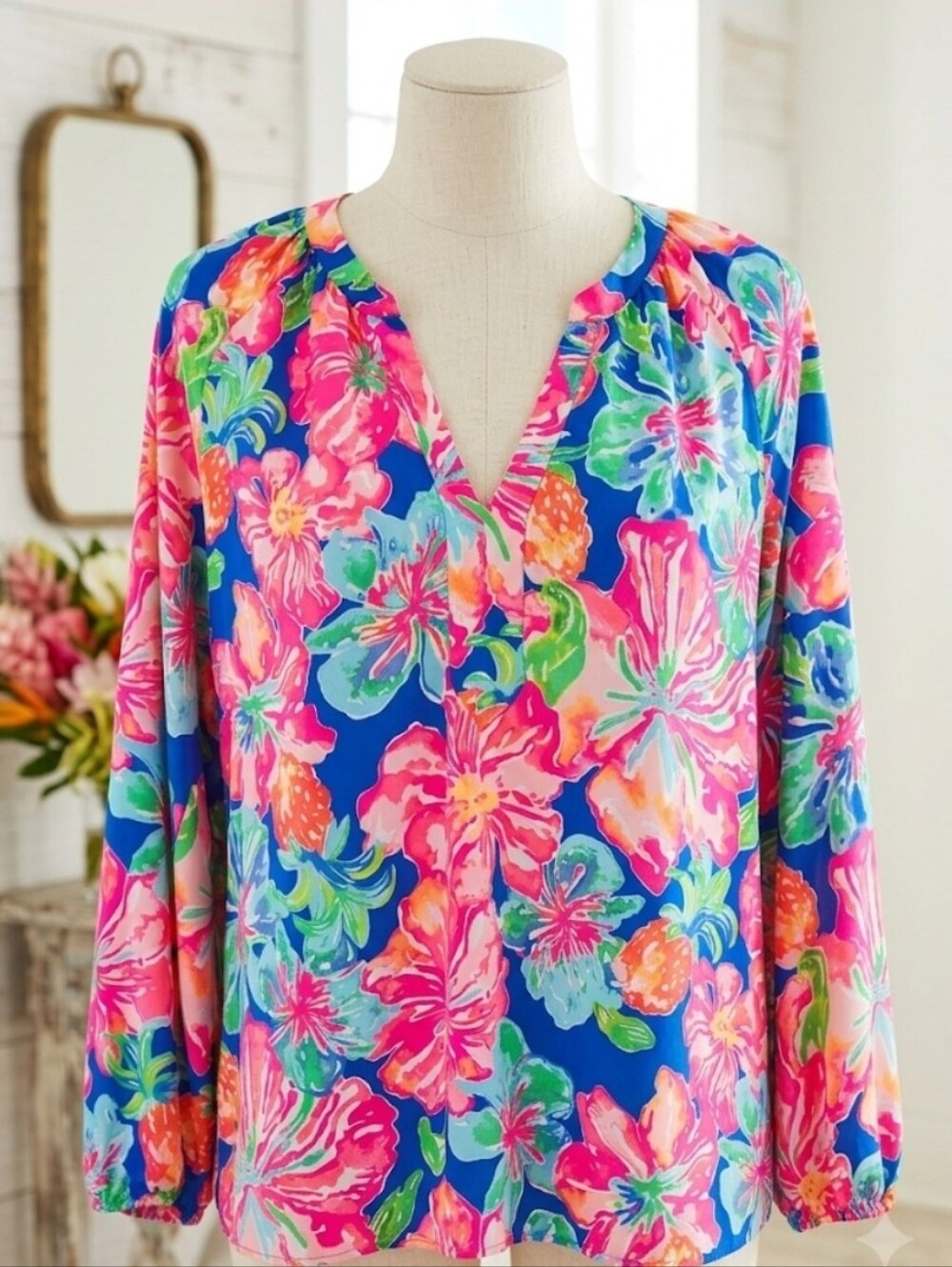 Lilly Pulitzer Martinique Top XL Floral V-Neck Pullover Blouse Tropical Resort